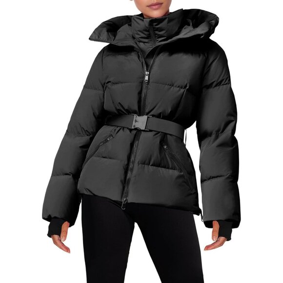 Jackets & Blazers - Women's Black Quilted Puffy Ski Jacket Belt Coat Hooded Mountain Winter Snow